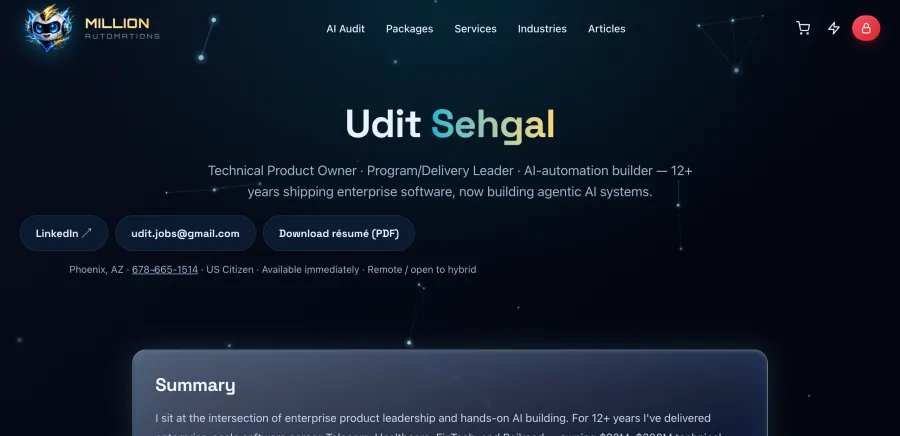 Udit Sehgal portfolio hero on the Million Automations node-field background
