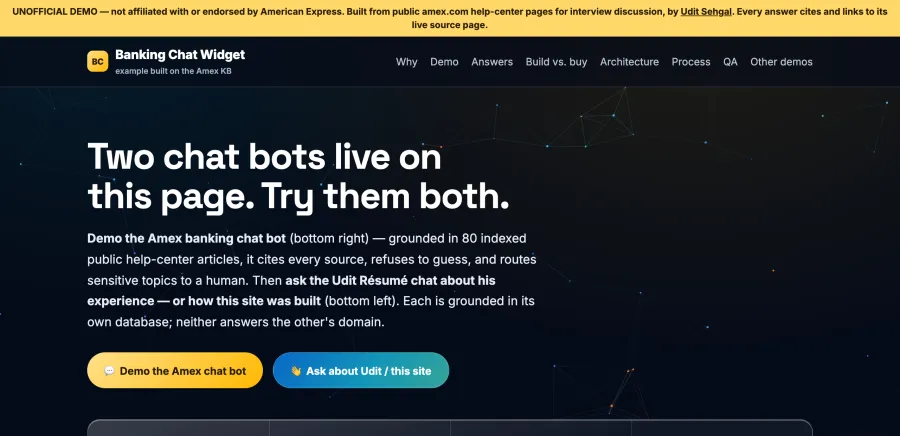 Banking Chat Widget demo hero — 'Two chat bots live on this page'